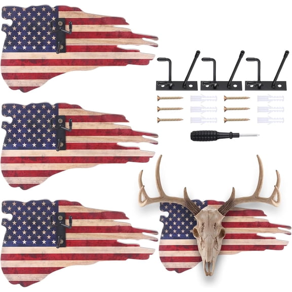 3 Pcs Deer Skull Mount European Deer Plaque Hanger Set Skull Mounting Hanger Kit USA Flag Decor Prey Display Rack Gift for Husband Father Hunter(13'' x 5.9'' x 0.6'')