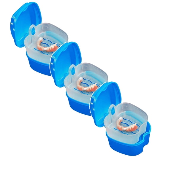 3 Pcs Denture Cup Denture Bath Box Portable Dental Mouthguard Case Cleaning Orthodontic Retainer Case with Strainer Basket and Lid Waterproof for Travel Retainer Cleaning, Dark Blue