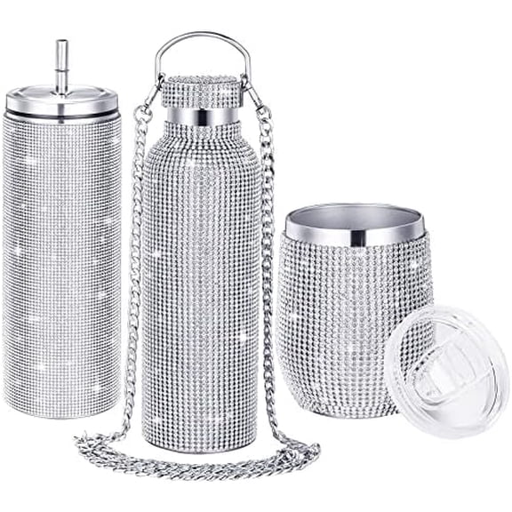3 Pcs Diamond Water Bottle Rhinestone Water Bottle Glitter Tumbler Thermal with Chain Bling Cups with Lids Rhinestones Stainless Steel Thermal for Women Girl (Classic Style)