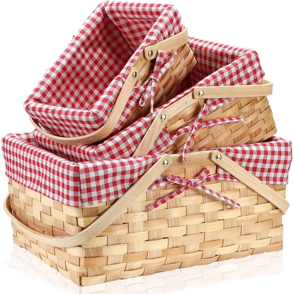 3 Pcs Different Sizes Easter Picnic Basket with Handles Spring Plaid Gingham Checkered Liner Basket Rustic Woven Hamper for Picnic Camping Outdoor Egg Gathering Candy Gift(Red)