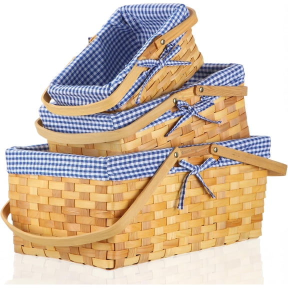 3 Pcs Different Sizes Picnic Basket with Handles Spring Plaid Gingham Checkered Liner Basket Rustic Woven Hamper for Picnic Camping Outdoor Egg Gathering Candy Gift(Blue)