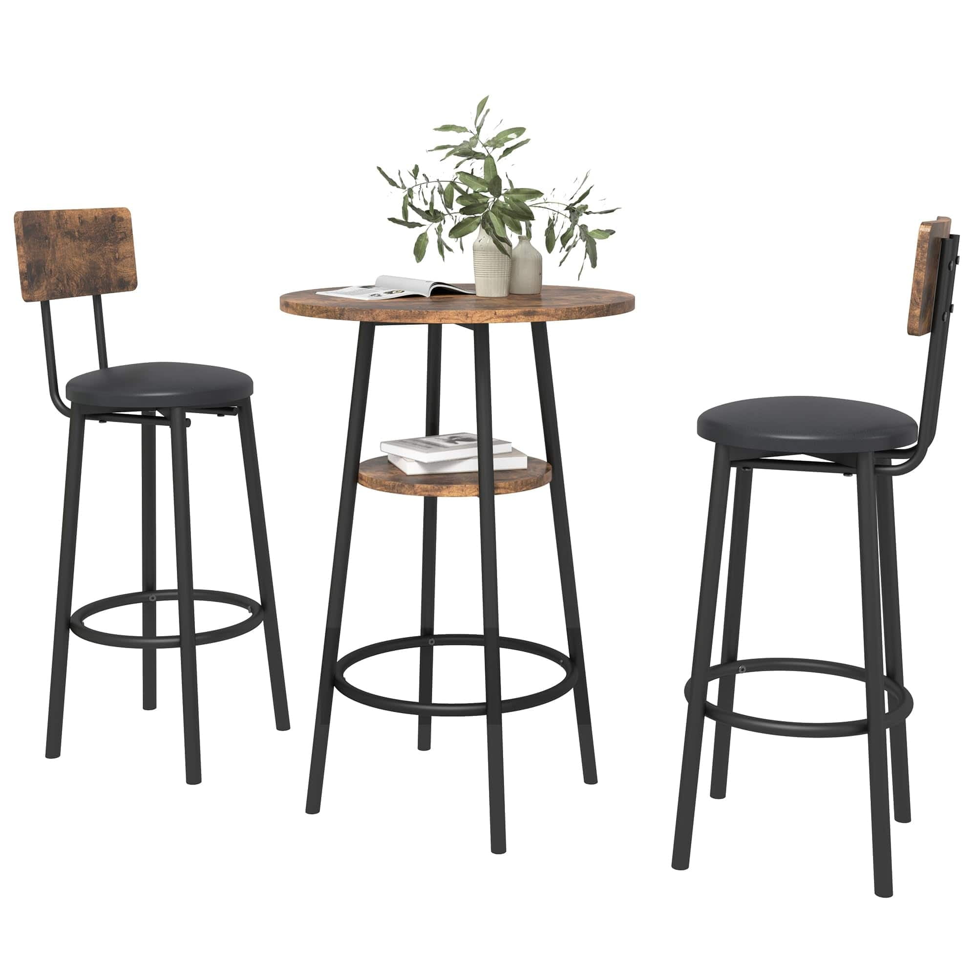 3 Pcs Dining Set, 2-Tier Round Bistro Bar Table & Upholstered Chair Rustic Brown