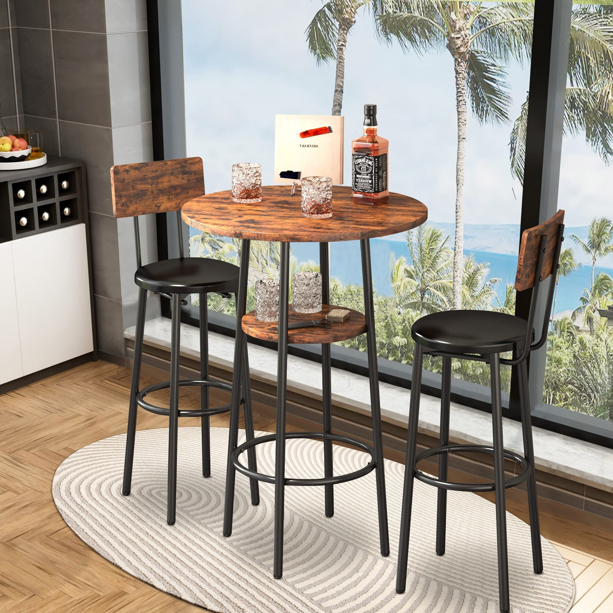 3 Pcs Dining Set, 2-Tier Round Bistro Bar Table & Upholstered Chair Rustic Brown