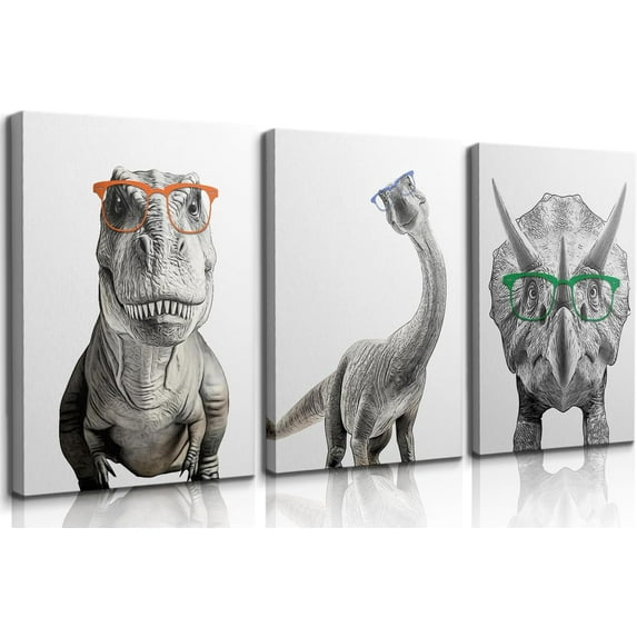 3 Pcs Dinosaur Nursery Wall Art Baby Dinosaur Posters Prints Trex poster Pictures Triceratops poster Wall Decor Tyrannosaurus Rex Apatosaurus Printing for boys bedroom Ready to Hang(in Canvas)