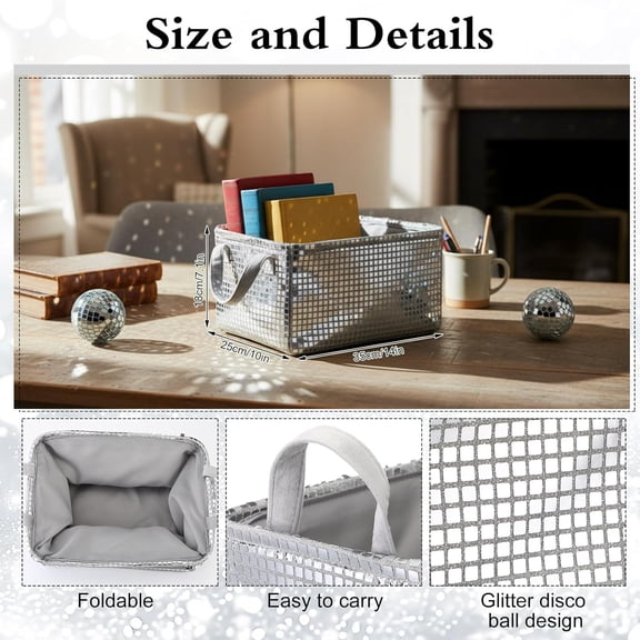 3 Pcs Disco Ball Storage Baskets 14x10 Inch Glitter Silver Foldable Fabric Storage Bin with Handle Decorative Closet Bins Organizer for Home Decor Office Laundry Countertop Tabletop Car