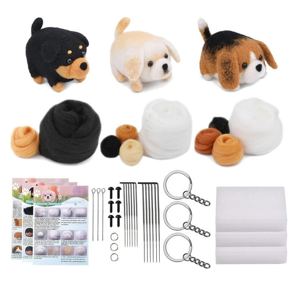 3 Pcs Dog Needle Felting Kit , Animal Wool Felting Kit for Starter Adult, Felt Kit Felting Supplies with Foam Pad Needles Instructions Keychain for Beginners DIY Craft Project Gift