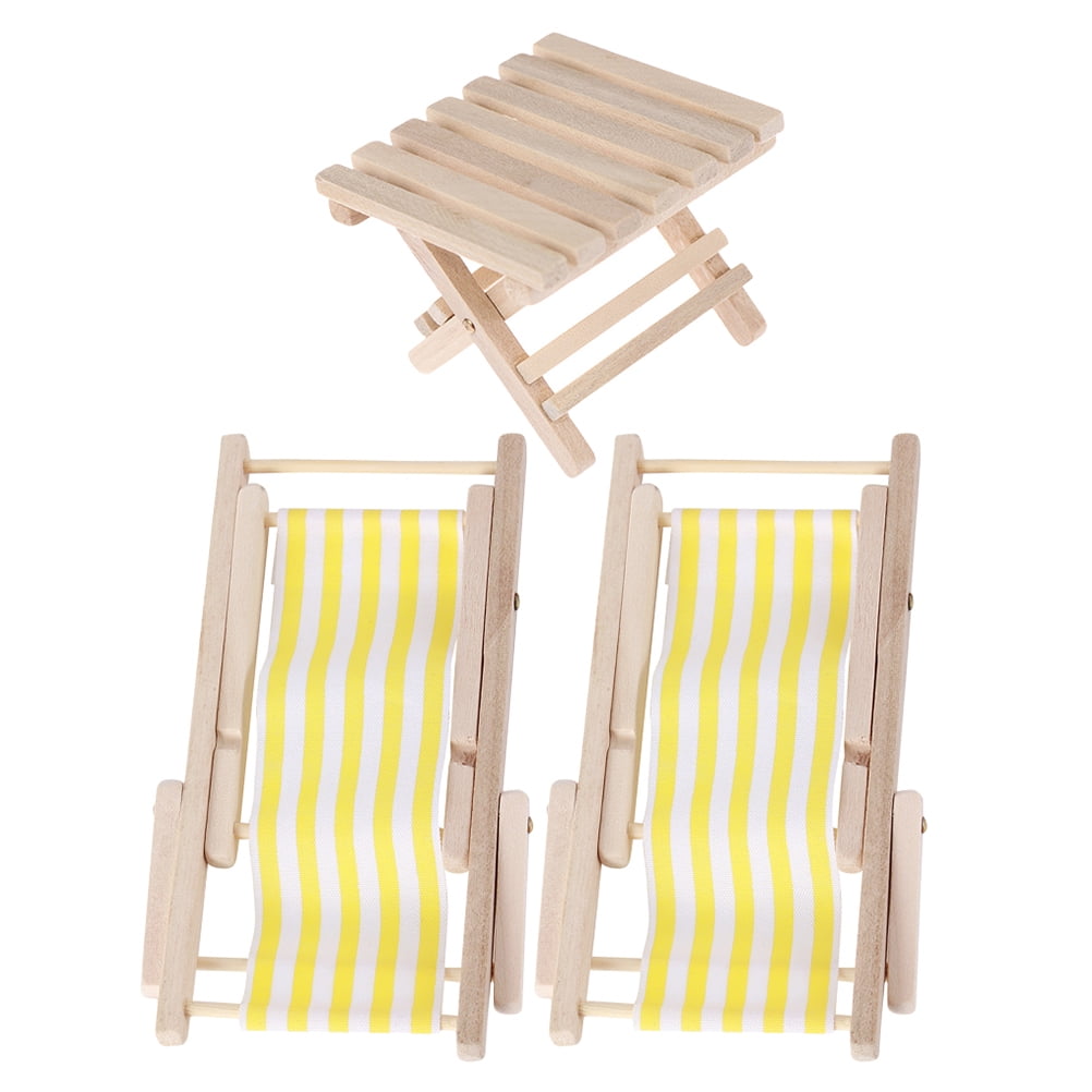 3 Pcs Dollhouse Miniature Beach Chairs Mini Lounge Chair Foldable Table