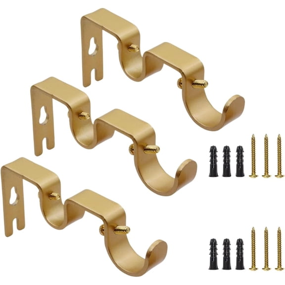 3 Pcs Double Curtain Rod Bracket for Rods, Heavy Duty Gold Holders Hanging Brackets with Screws 1" & 5/8"