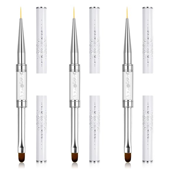 3 Pcs Double Ended French Tip Brush Hard Gel, Nail Builder Gel Brush, Liner for Design Nail Liner Brushes Rhinestone Handle French Tip Drawing Brushes for Design