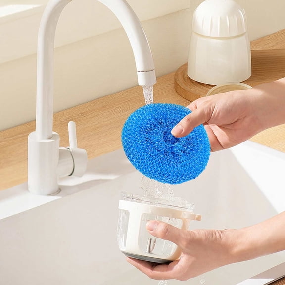 3 Pcs Durable Dish Scrubbers Round Plastic Pad for Dishes Plastic Pot Round Scrubber Scouring Pad Dish Scourers Plastic Mesh Scouring Dish Pads Reusable for Kitchen Cleaning, 3.15"x3.15", Blue