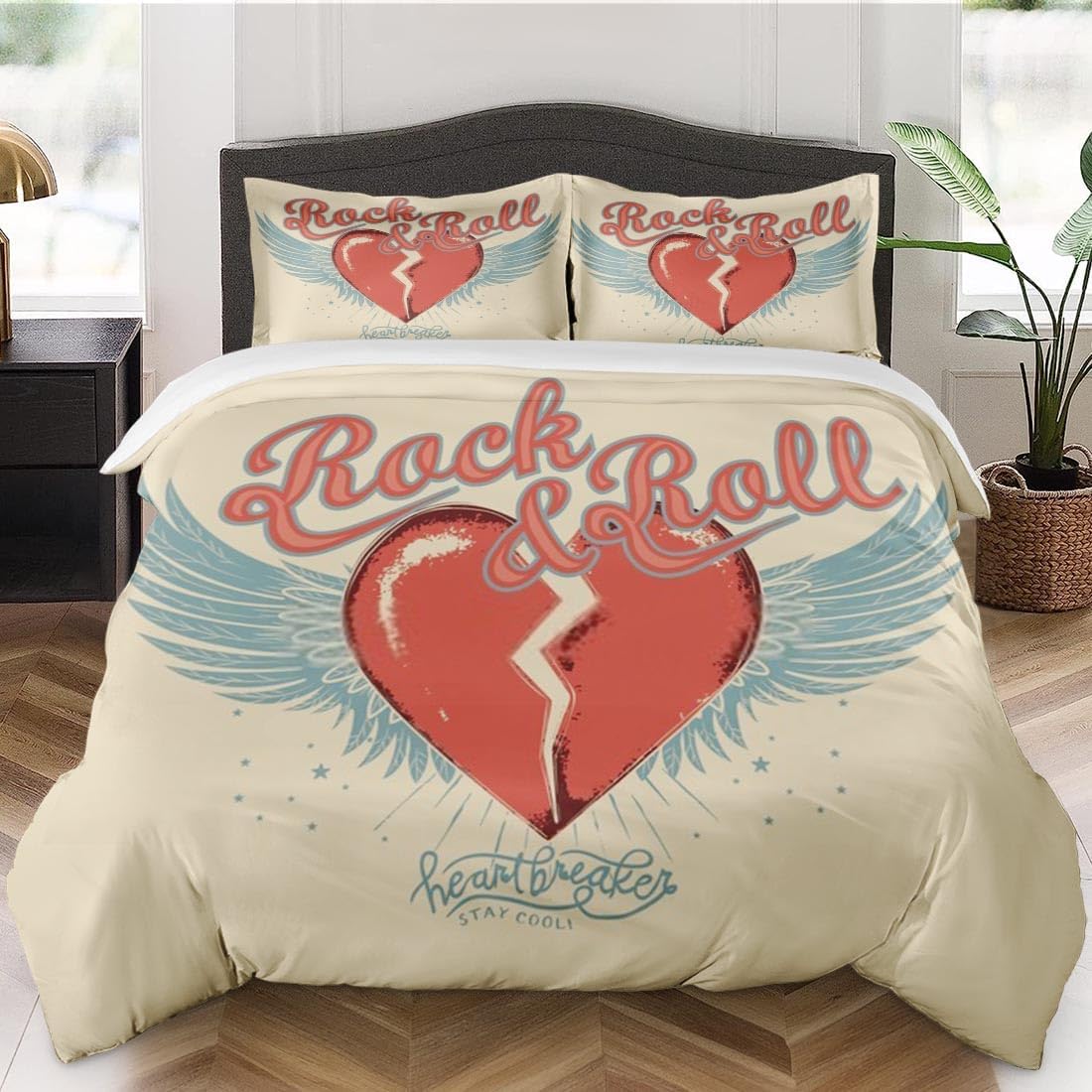 3 Pcs Duvet Cover , Rock Roll Vintage Retro Bedding Set with Zipper