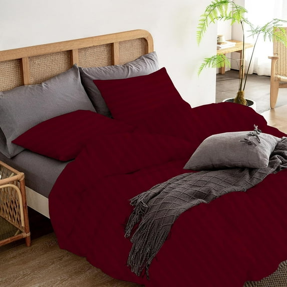 3 Pcs Duvet Cover Set 100% Egyptian Cotton 1000 Thread Count with Zipper Closure & Corner Ties - Oversized Queen Size (98" x 98") Inch, Burgundy Stripe