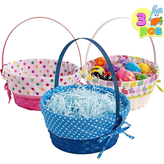 3 Pcs Easter Bamboo Baskets with Polka Dots Lining and Handle, Woven Easter Eggs Hunting Bucket, Wicker Candy Toys Storage Baskets for Picnic, Gift Packing, Party Favors Decorations(10" X 12")