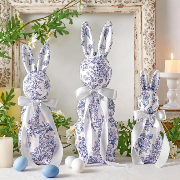 3 Pcs Easter Bunny Decorations Blue and White Chinoiserie Bunny Table Centerpieces Fabric Wrapped Rabbit Figurines with Bowtie Spring Easter Decor 15 13 10 Inch for Home Tabletop Party Gift