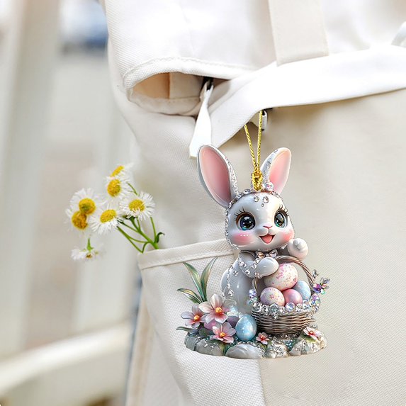 3 Pcs Easter Decorations Acrylic Hanging Ornaments Bunny Flower Garland Designs DIY Crafts, 2D Acrylic Mini Rhinestones Glitter Rabbit Hanging Pendants for Easter Theme Decoration Supplies