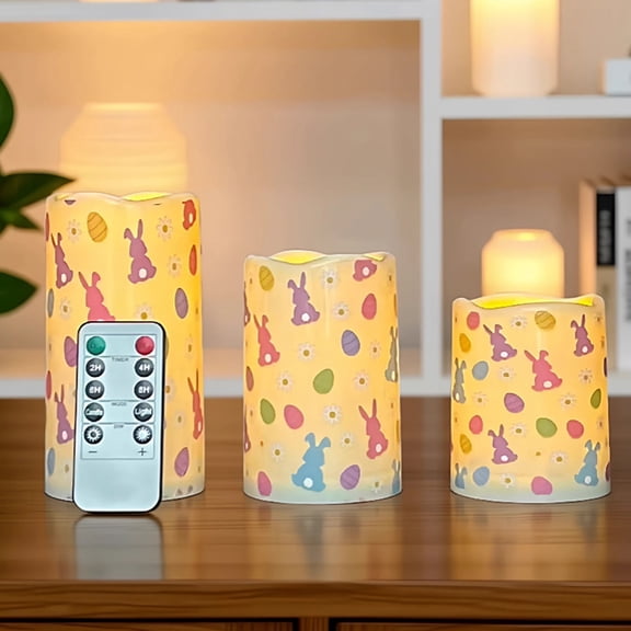 3 Pcs Easter Flameless LED Candles Battery Operated Bunny Flower Spring Flickering Pillar Candles with Remote Rabbit Happy Easter Centerpiece
