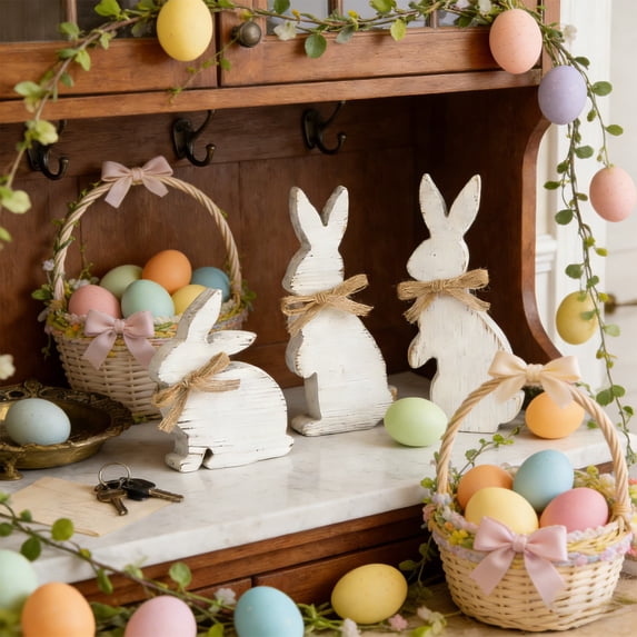 3 Pcs Easter Table Decorations Bunny Wooden Signs, Tabletop Centerpiece Easter Tiered Tray Decor Farmhouse Rabbit Decorations for Home Kitchen Office Rustic Party Gifts