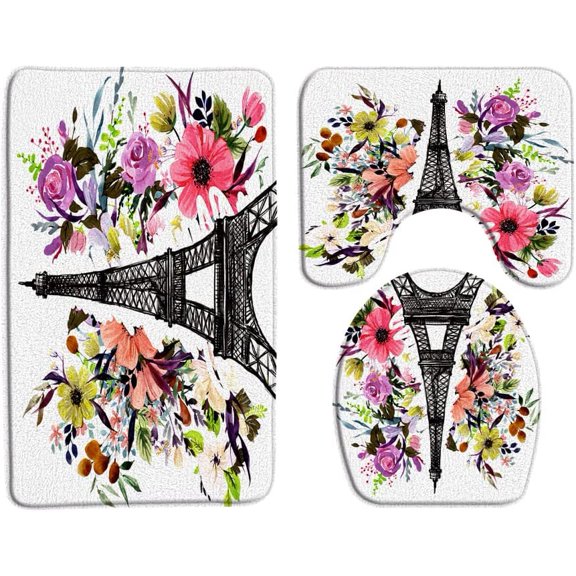 3 Pcs Eiffel Tower Bath Mat/Rug Watercolor Floral Rose Dasiy Decor Romantic Paris Microfiber Memory Foam Bathroom Decor Rug