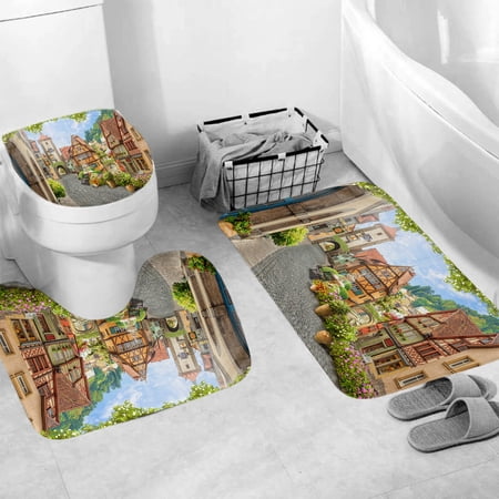 3 Pcs European Old Street with Flower Bath Rugs Set,Bath Rug Mat + Contour Mat + Toilet Seat Cover, Super Soft Rugs