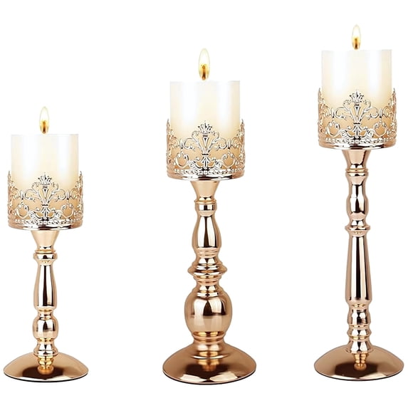 3 Pcs European Style Wedding Gift Crown Hollow Vintage Candle Holders Set, Gold 3-Piece Set for Table Centerpiece, Gothic Candle Sticks, Perfect for Weddings, Parties, and Home Décor
