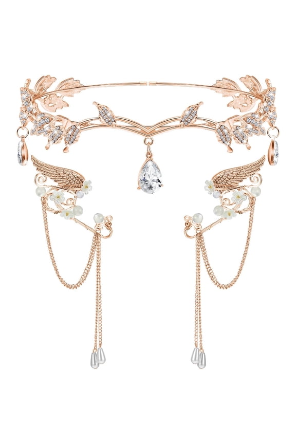 3 Pcs Eyebrow Center Rhinestone Wedding Headpiece, Halloween Rhinestone Leaf Headband, Metal Elf Ears Cuffs Crown Cosplay Accessories for Women, Bride's Forehead Decoration,Crown Bride's Jewelry