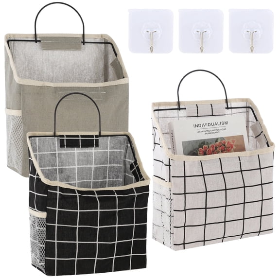 3 Pack Fabric Wall Hanging Storage Caddy, No Drill Adhesive Hook Organizer with Mesh Pocket for Bedroom, Closet, Bathroom