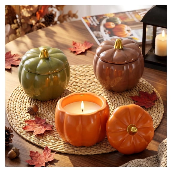 3 Pcs Fall Ceramic Pumpkin Candle Gift Set, Autumn Scented Candle, 14.4oz Soy Wax Pumpkin Jar Candles, Thanksgiving Home Table Centerpiece Farmhouse Decor Gift