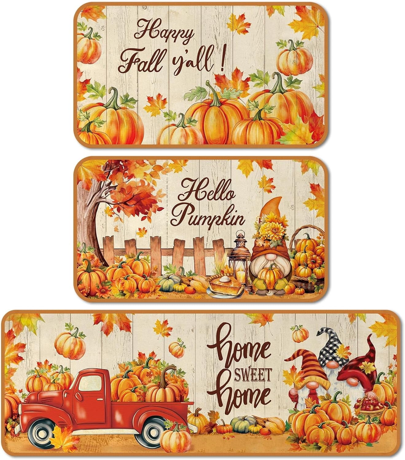 3 Pcs Fall Kitchen Rugs and Mat Set Autumn Pumpkin Gnome Door Mats