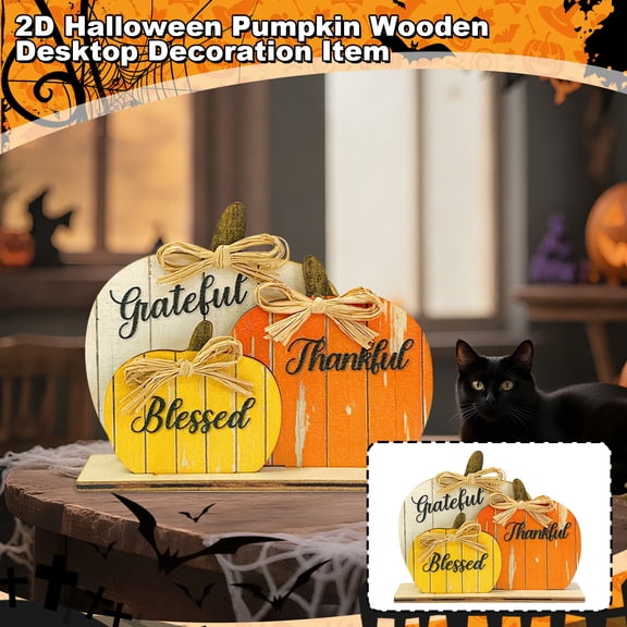 3 Pcs Fall Pumpkin Decor Wooden Table Sign Thankful Blessed Grateful Tabletop for Autumn Farmhouse Vintage Thanksgiving Harvest Party Rustic Home Room Table Shelf Halloween Decorations