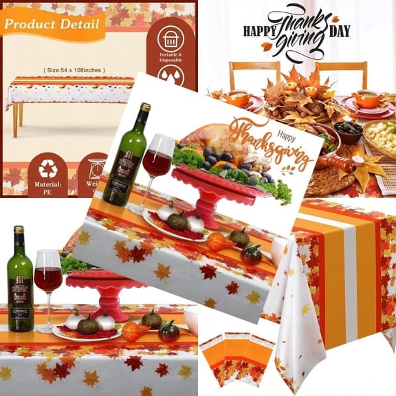 3 Pcs Fall Tablecloth Disposable 54 x 108 Inch Thanksgiving Plastic Table Cloth for Rectangle Waterproof Maple Leaves Autumn Theme Table Covers for Party Decorations