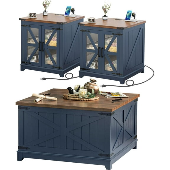3 Pcs Farmhouse Coffee Table Sets, Large End Side Tables with Charging Station & Coffee Table with Hidden Storage Space, Blue Living Room Table Set, Wood Furniture Set for Living Room