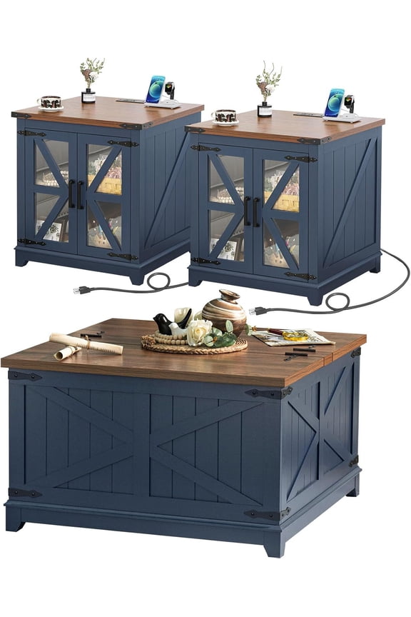 3 Pcs Farmhouse Coffee Table Sets, Large End Side Tables with Charging Station & Coffee Table with Hidden Storage Space, Blue Living Room Table Set, Wood Furniture Set for Living Room