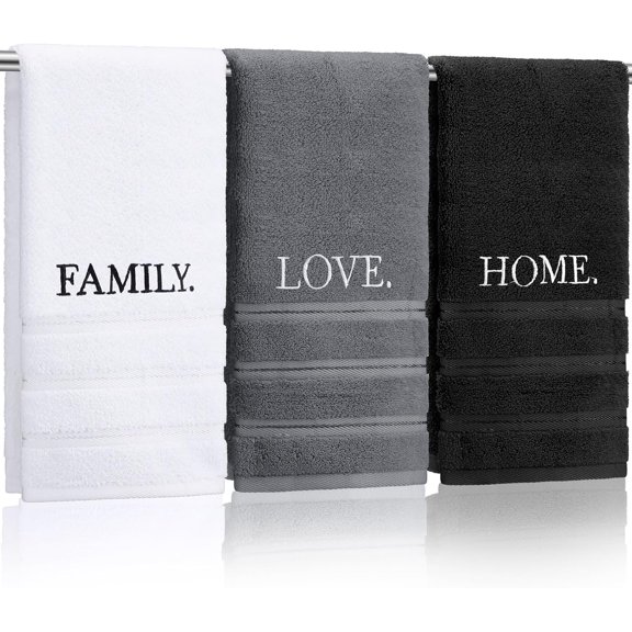 3 Pcs Farmhouse Decorative Hand Towels for Bathroom and Kitchen Rustic Embroidered Cotton Hand Towels Decorative Set for Boho Bathroom Decor(Black,Home Love Family)