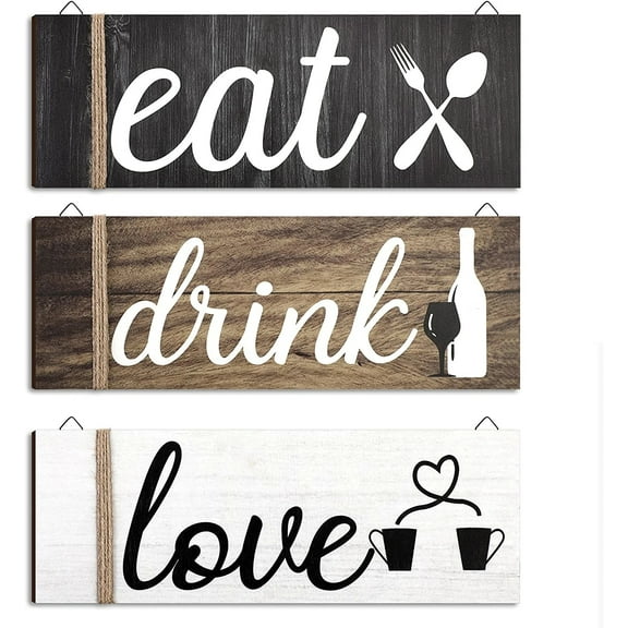 3 Pcs Farmhouse Kitchen Wall Decor Rustic Wooden Home Eat Drink Love Sign with Hanging Hole for Home Dining Living Room Bar Cafe Decor(Vivid Color)
