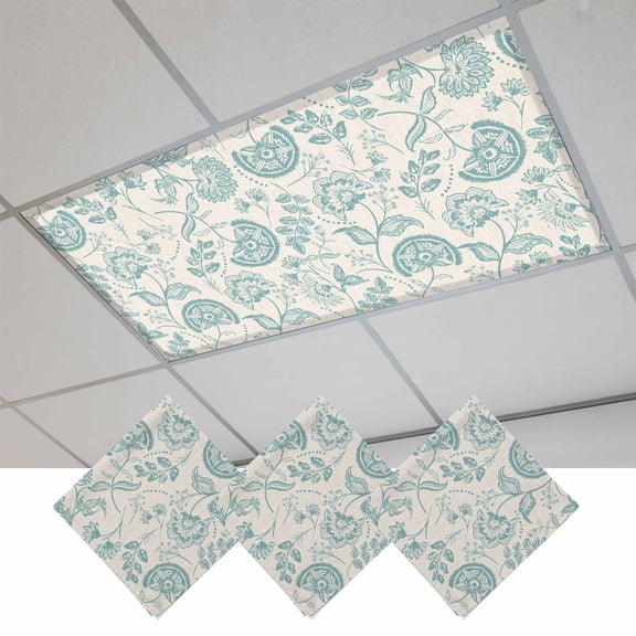 3 Pcs Farmhouse Turquoise Floral Fluorescent Light Covers Linen Boho Paisley Flower Rustic Magnetic Light Covers for Ceiling Lights 4 x 2 ft Drop Ceiling Lights Cover Shade for Office, Home, Hospital