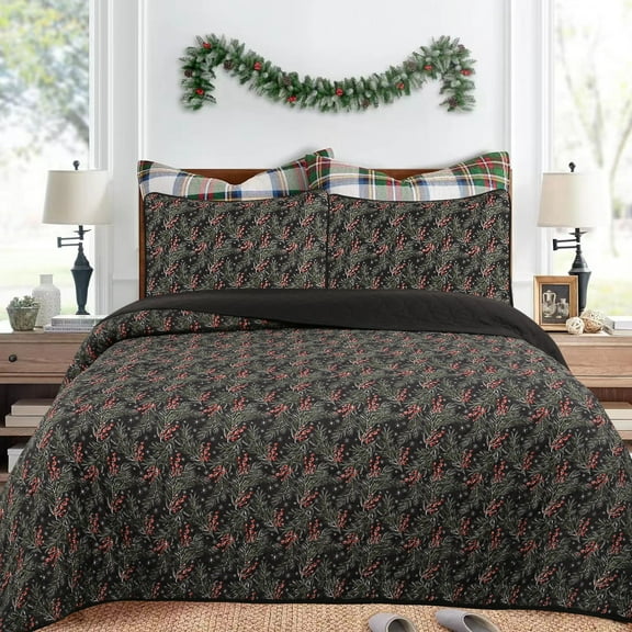 3 Pcs Festive Christmas Quilt Bedspread Set Holiday Bedding Holly Berry Tree