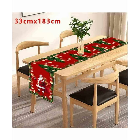 3 Pcs Festive Santa Claus Print Christmas Table Runner, Spill-Resistant Holiday Dining Decor for Parties, Reusable Tablecloth with Merry Border Design