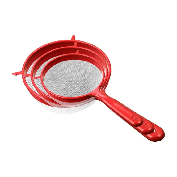 3 Pcs Fine Mesh Strainer Set,Kitchen Plastic Flour Colander Set,Liquid Separator Gadget with Handles,Flour Sifter,Small Plastic Flour Colander Powder Filter Strainer, Kitchen Gadgets,Red