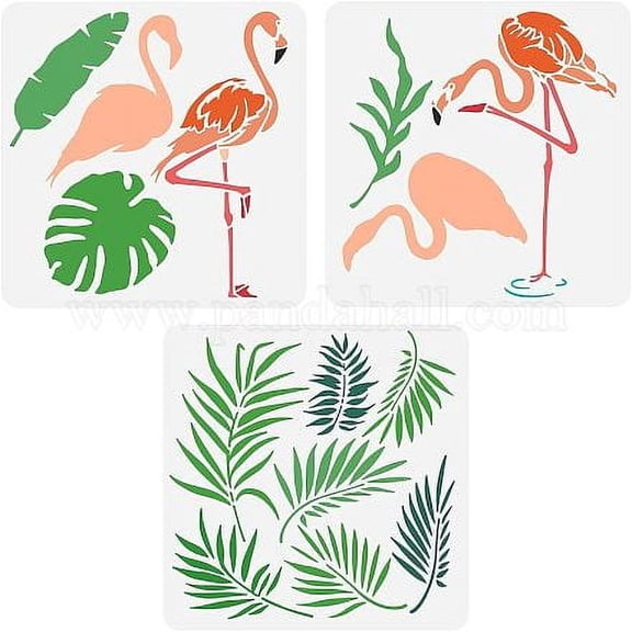 3 Pcs Flamingo Stencils 30x30cm Layered Flamingo & Leaves Stencil Plastic Flamingo Pattern Stencil Reusable Flamingo Leaves Stencils for Painting on Wood Floor Wall DIY Home Decor