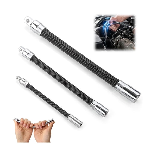 3 Pcs Flexible Socket Extension Bar Set, 1/4", 3/8", 1/2" Drive Flexible Shaft Extension Rods for Ratchet Wrench, Bendable Socket Extension Adapter for Tight Spaces, Automotive Repair Tool