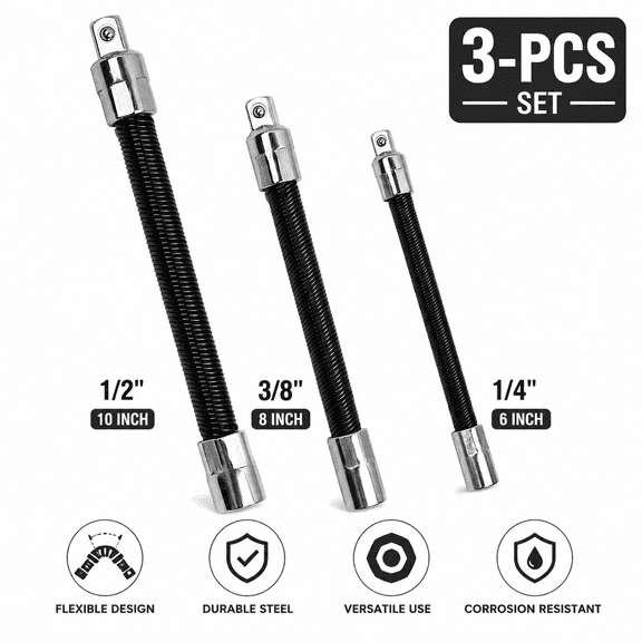 3-Pcs Flexible Socket Extension Bar Set 1/4" 3/8" 1/2" Drive Spring Steel Extension Rod for Tight Spaces Auto Repair