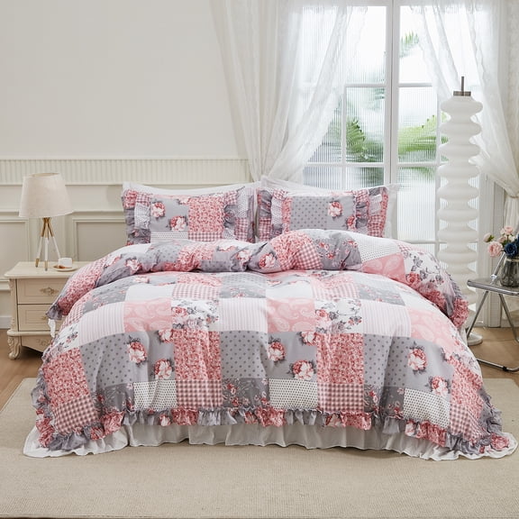 3 Pcs Floral Comforter Set Ruffle Vintage Rose Bedding Duvet Set Farmhouse Cottage French Coquette Bedding Soft Lightweight Red Flowers Printed Shabby Bed Comforter