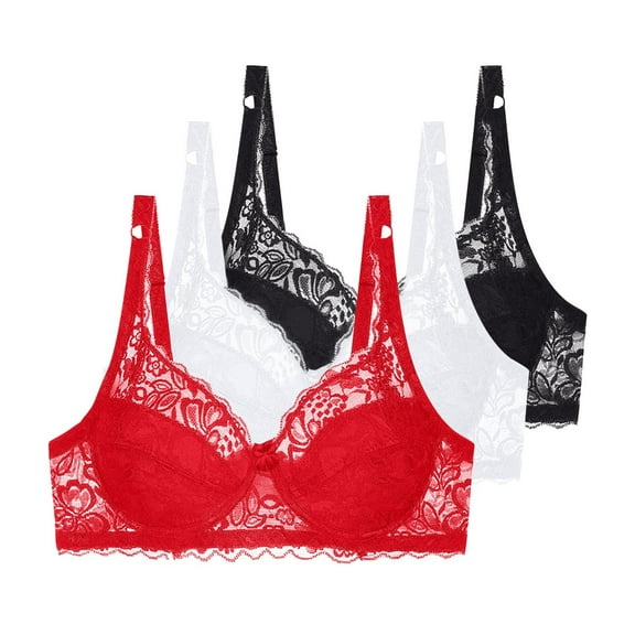 3 Pcs Floral Lace Underwire Bras Womens Plus Size Plunge Push Up T-Shirt Bras Support Demi Padded Bralette, 34/75B