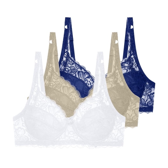 3 Pcs Floral Lace Underwire Bras Womens Plus Size Plunge Push Up T-Shirt Bras Support Demi Padded Bralette, 34/75B