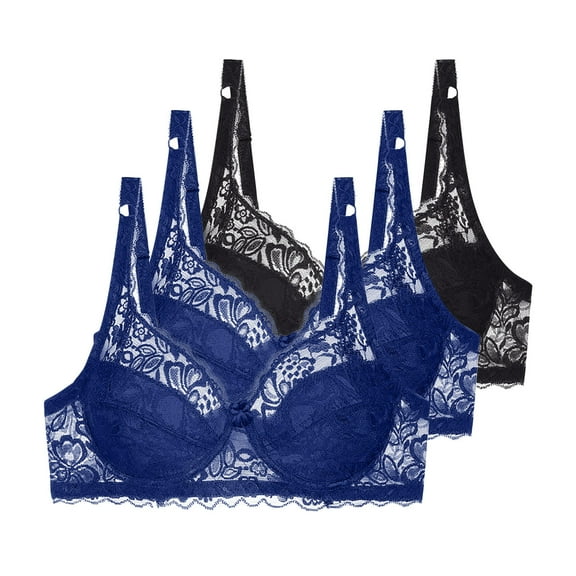 3 Pcs Floral Lace Underwire Bras Womens Plus Size Plunge Push Up T-Shirt Bras Support Demi Padded Bralette, 34/75B