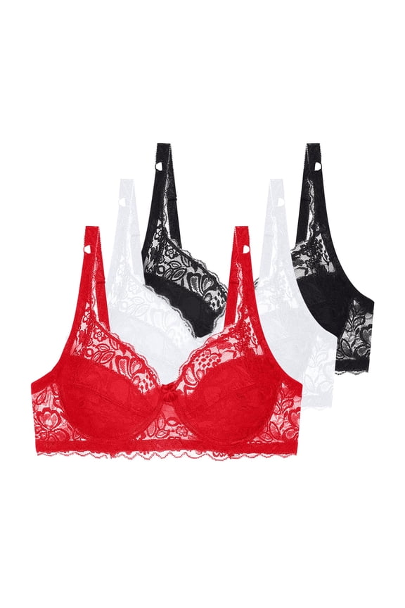 3 Pcs Floral Lace Underwire Bras Womens Plus Size Plunge Push Up T-Shirt Bras Support Demi Padded Bralette, 34/75C