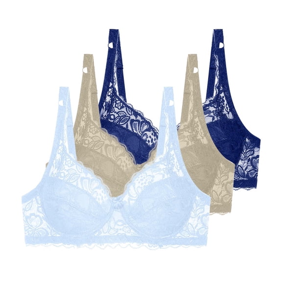 3 Pcs Floral Lace Underwire Bras Womens Plus Size Plunge Push Up T-Shirt Bras Support Demi Padded Bralette, 34/75C