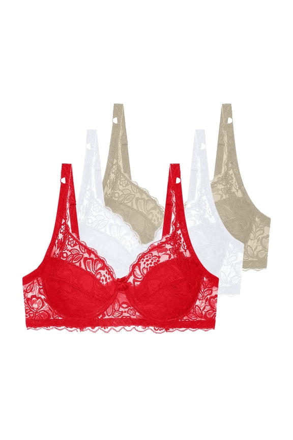 3 Pcs Floral Lace Underwire Bras Womens Plus Size Plunge Push Up T-Shirt Bras Support Demi Padded Bralette, 36/80B