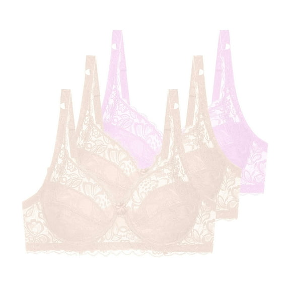 3 Pcs Floral Lace Underwire Bras Womens Plus Size Plunge Push Up T-Shirt Bras Support Demi Padded Bralette, 38/85C