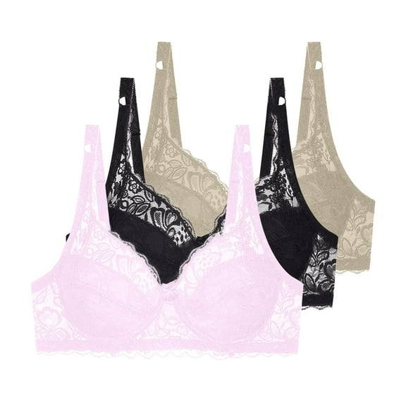 3 Pcs Floral Lace Underwire Bras Womens Plus Size Plunge Push Up T-Shirt Bras Support Demi Padded Bralette, 40/90B